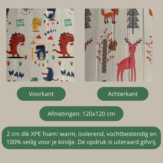 Dubbelzijdige XPE Foam Speelmat - Kruipmat - Speelmat Baby - Speelkleed - Opvouwbaar - 120x120 cm - Dino’s en Bosdieren van Merkloos — afbeelding 5