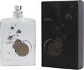 Parfumflesje en bijpassende doos met moleculair design en paarse accenten.