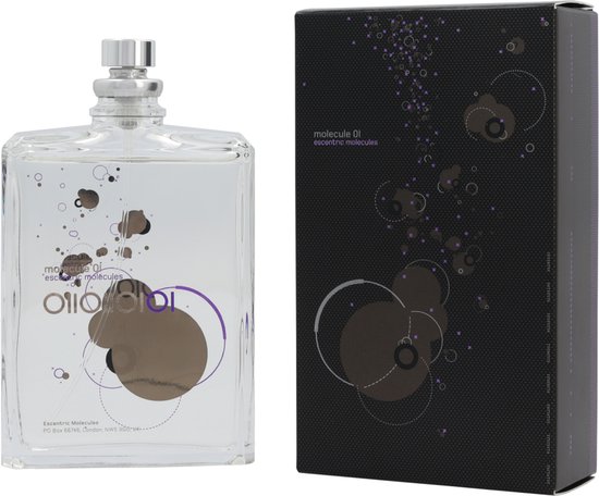 Parfumflesje en bijpassende doos met moleculair design en paarse accenten.
