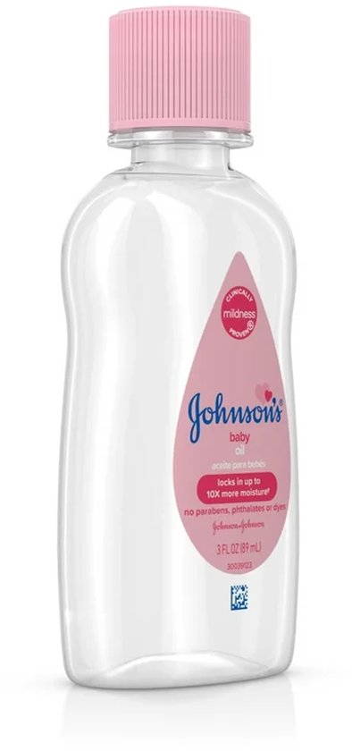 Johnson's baby olie in een doorzichtige fles met roze dop. 3 FL OZ (89ml) pure & gentle daily care.