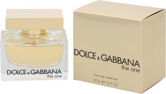 Dolce & Gabbana The One Eau de Parfum 50ml flesje naast de gouden doos.
