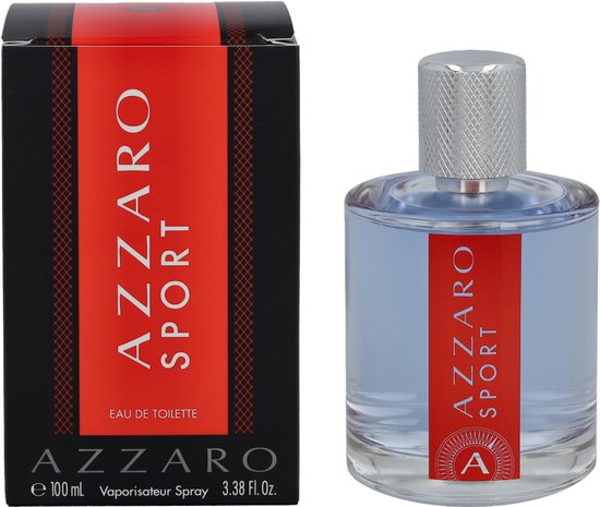 AZZARO SPORT Eau de Toilette fles en doosje, zwart met een rode band.
