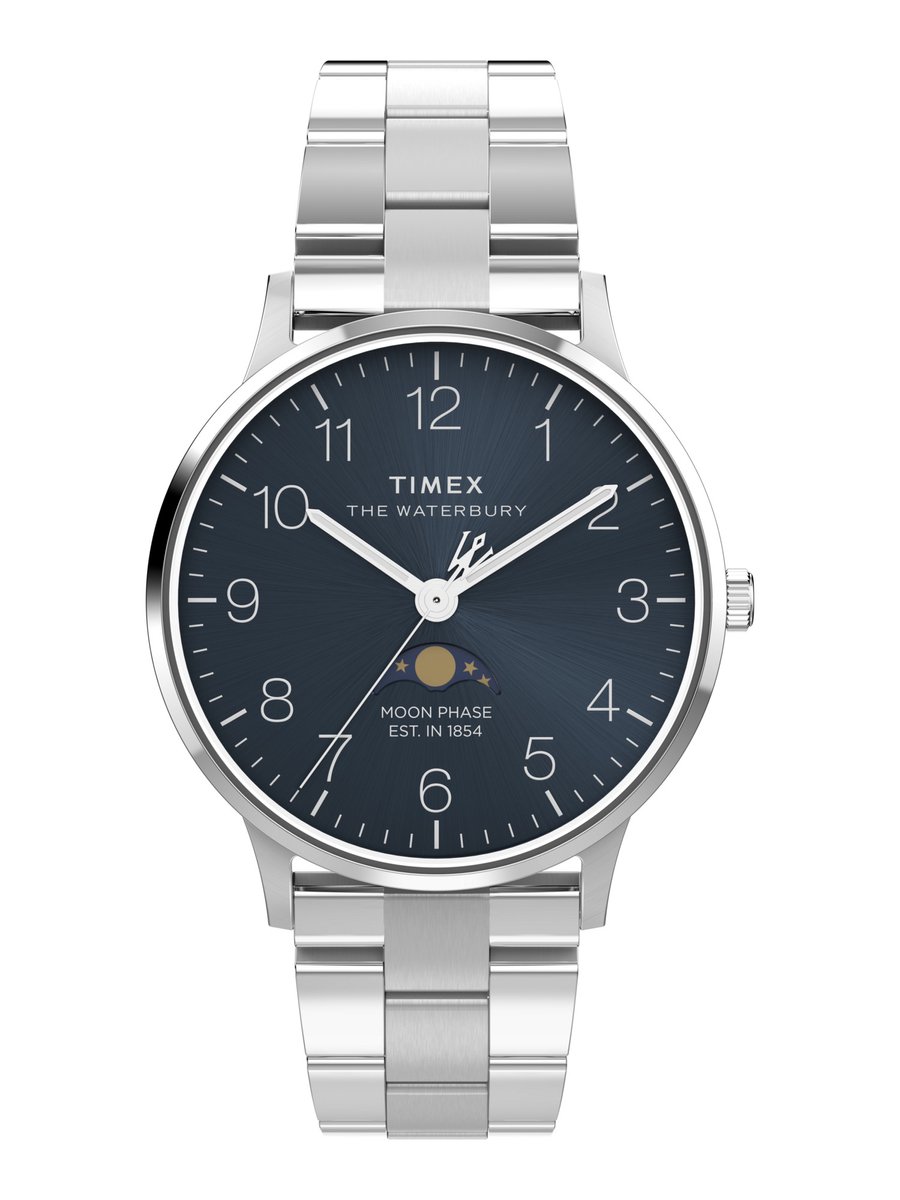 Timex Waterbury Classic Moon Phase Kwarts Analoog Horloge Zilveren Toon Case: 100% Stainless Steel | Armband: 100% Leather 40 mm TW2W75700AJ