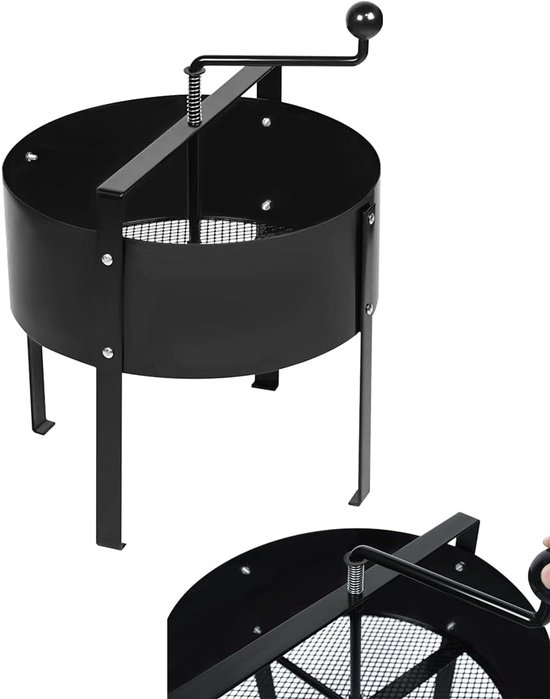 Zwarte roterende tuinzeefmachine met spindel, en een close-up van de roterende zeef.