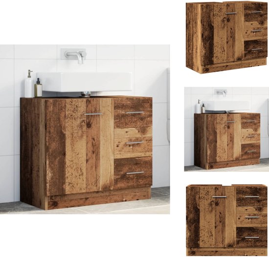 vidaXL Wastafelkast 65x33x60 cm bewerkt hout oud houtkleurig, gootsteenkast, opbergkast, badkast, badkamerkast, kast, wastafeleenheid