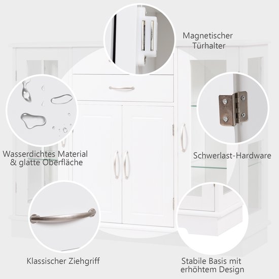 KOMFOTTEU Dressoir hout, buffetkast met 6 vakken, opbergkast met metalen handgrepen en kantelbeveiliging, bijzetkast 95 x 31 x 76 cm, commode voor woonkamer, keuken (wit bruin