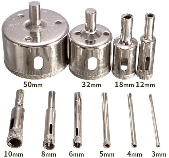 Set van 10 diamantboren met maten 3, 4, 5, 6, 8, 10, 12, 18, 32 en 50mm.