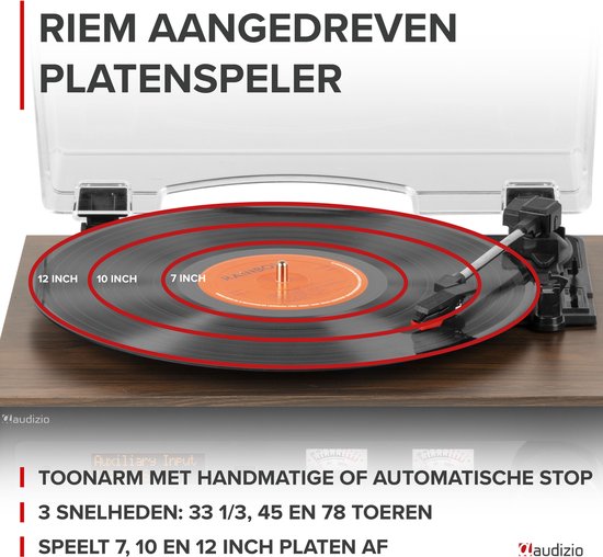 Platenspeler met speakers - Audizio Boston platenspeler Bluetooth, CD speler en DAB radio - Houtlook — afbeelding 4