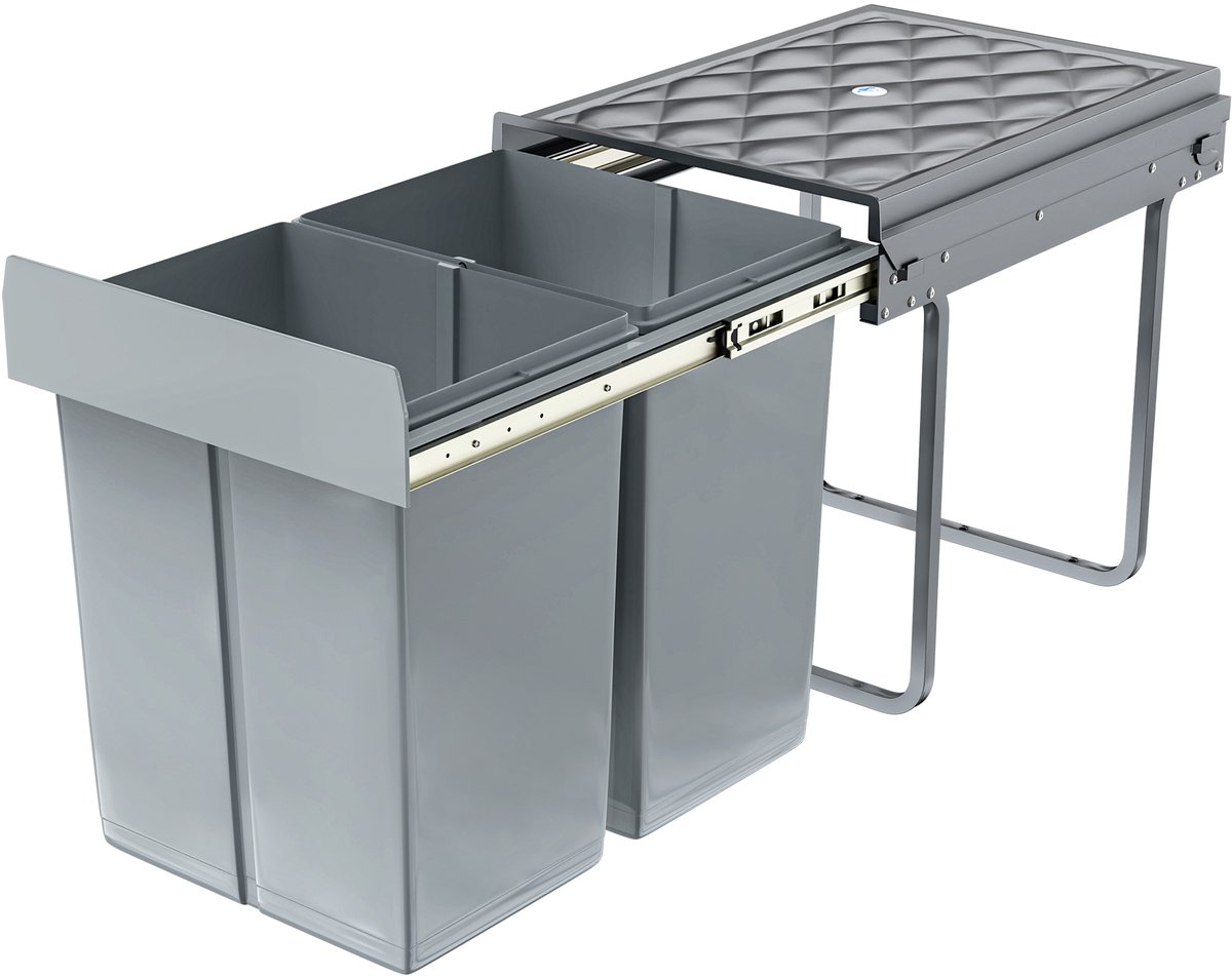 Aufun Inbouw Prullenbak Onder De Kast, Inbouw Prullenbak, Keuken Prullenbak, Uitschuifbare Afvalverzamelaar, Afvalscheidingssysteem Met Telescopische Rails, Grijs (2x20L)