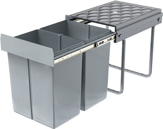 Aufun Inbouw Prullenbak Onder De Kast, Inbouw Prullenbak, Keuken Prullenbak, Uitschuifbare Afvalverzamelaar, Afvalscheidingssysteem Met Telescopische Rails, Grijs (2x20L)