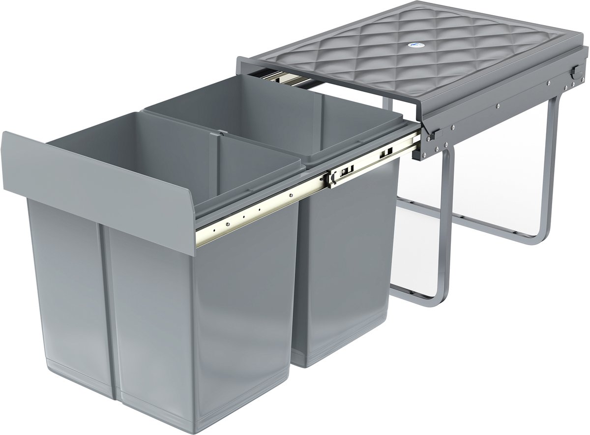 Aufun Inbouw Prullenbak Onder De Kast, Inbouw Prullenbak, Keuken Prullenbak, Uitschuifbare Afvalverzamelaar, Afvalscheidingssysteem Met Telescopische Rails, Grijs (2x15L)