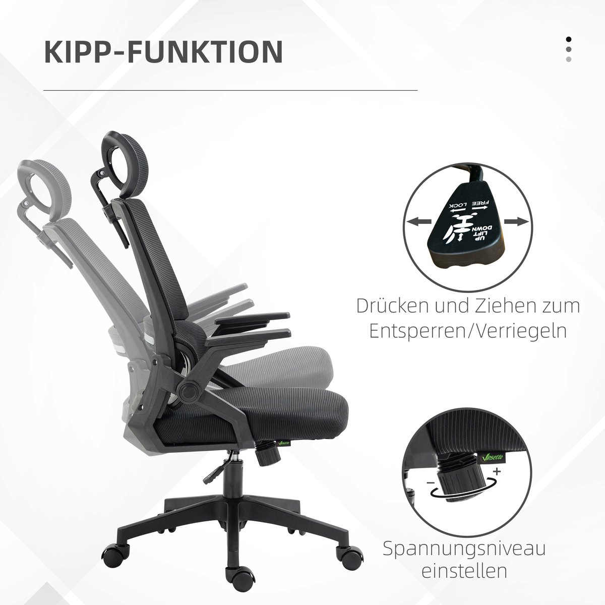 Vinsetto Bureaustoel Ergonomisch, Bureaustoel met Verstelbare Hoofdsteun, Armleuning Hoogte Verstelbare Computerstoel Draaistoel met Schommelfunctie, Lendensteun, Mesh, Zwart thumbnail 4