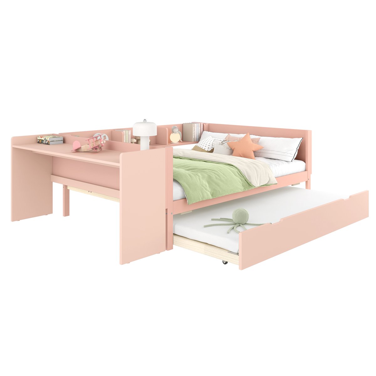 Plat bed - houten bed - 140x200cm - met bureau - met uitschuifbed - tweepersoonsbed - zonder matras - grenen spaanplaat - roze
