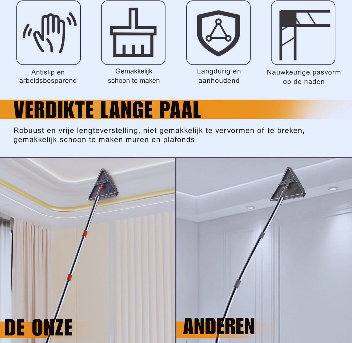 TAOPE Muur reinigingsdweil, plafondreiniger gereedschapsstofdoek met 200 cm lange steel, grijze raamreinigingsapparatuur, opvouwbare dweil met 6 vervangende microvezel chenillepads voor geschilderde