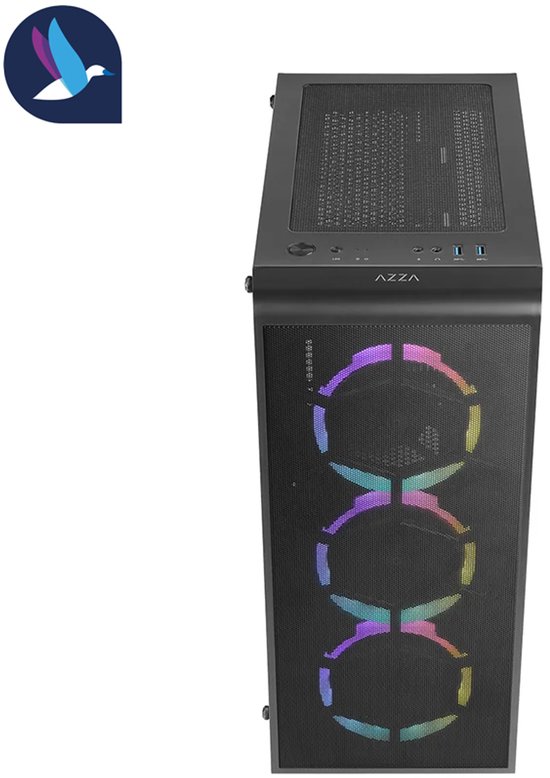 Zwarte computerkast met verlichte RGB-ventilatoren aan de voorkant.