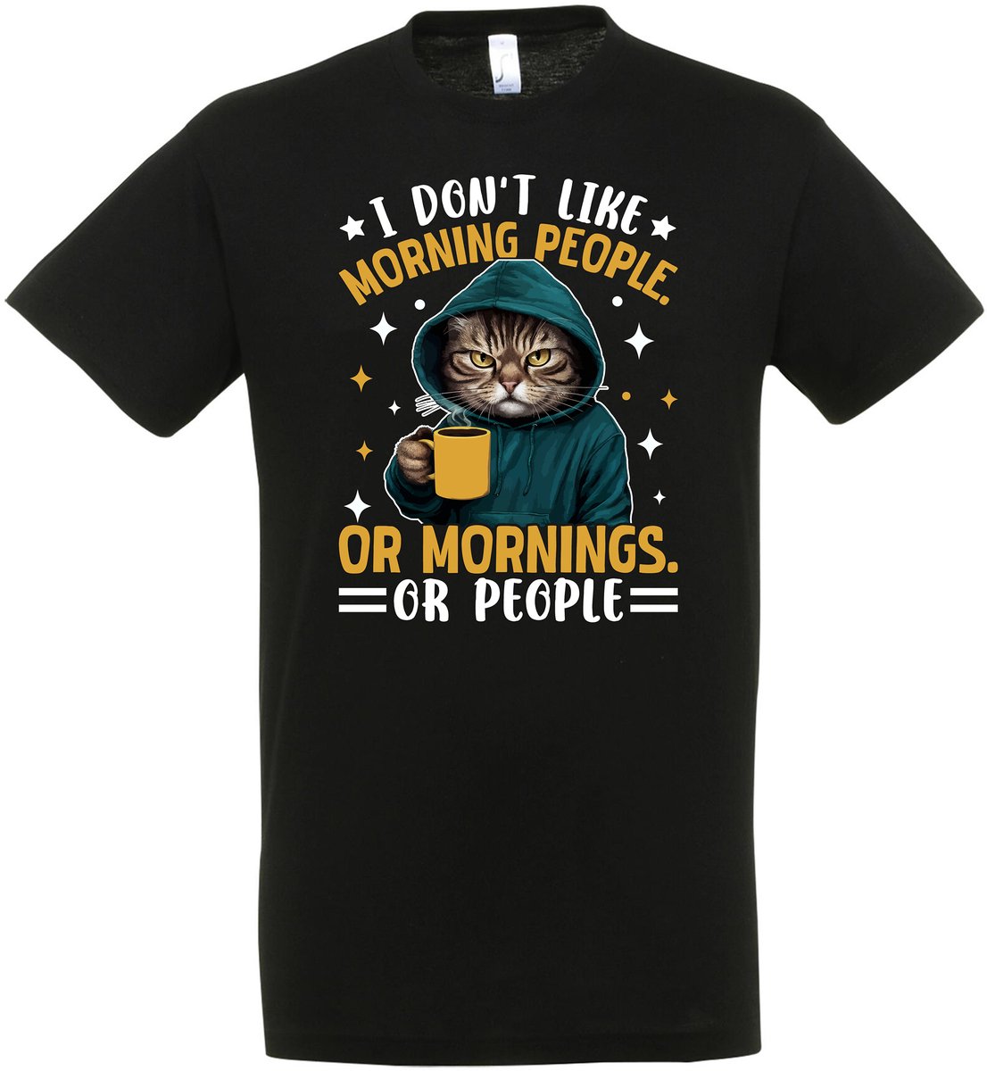 I Don’t Like Morning people, Or Mornings Or People T-shirt - Heren Dames Unisex - cadeau - Grappige T-shirt’s - Origineel Cadeau - Zwart - Funny - Kat - Grappig - Maat S