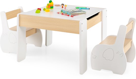 Ensemble de 3 sièges en bois pour enfants Costway, table 4 en 1 avec 2 chaises et plateau amovible, ensemble de meubles pour enfants avec rangement pour salle de jeux, chambre d'enfant (blanc), HY10080DE