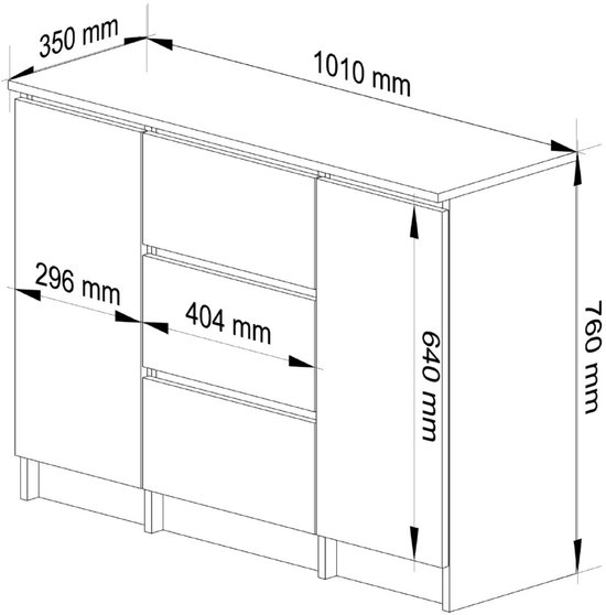 Technische tekening van een buffetkast met afmetingen: 101cm breed, 76cm hoog, 35cm diep.