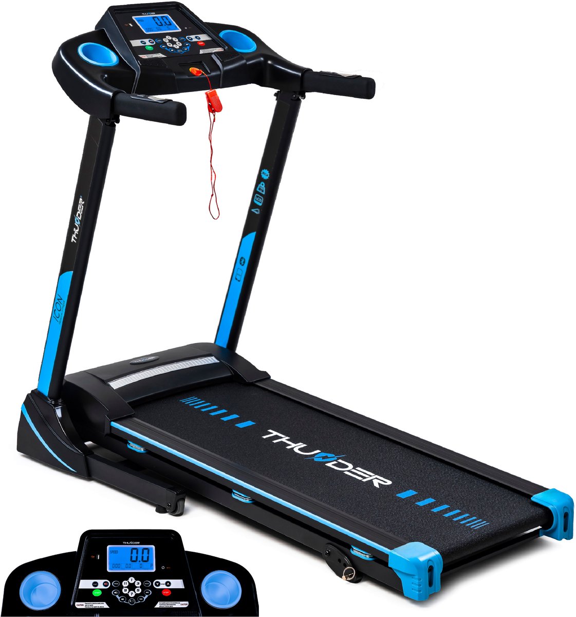 THUNDER® Loopband | ICON-BLUE | Opvouwbaar en Geavanceerd | Sneltoetsen | Veiligheidssleutel | Transportwielen | Plaats voor bidon | Compatibel met mobiele apparaten | Bluetooth | USB-poort | Trainingsprogramma’s | Hellingshoek ve |