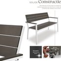 Donkerbruine tuinbank met witte, gebogen aluminium poten en witte armleuningen.