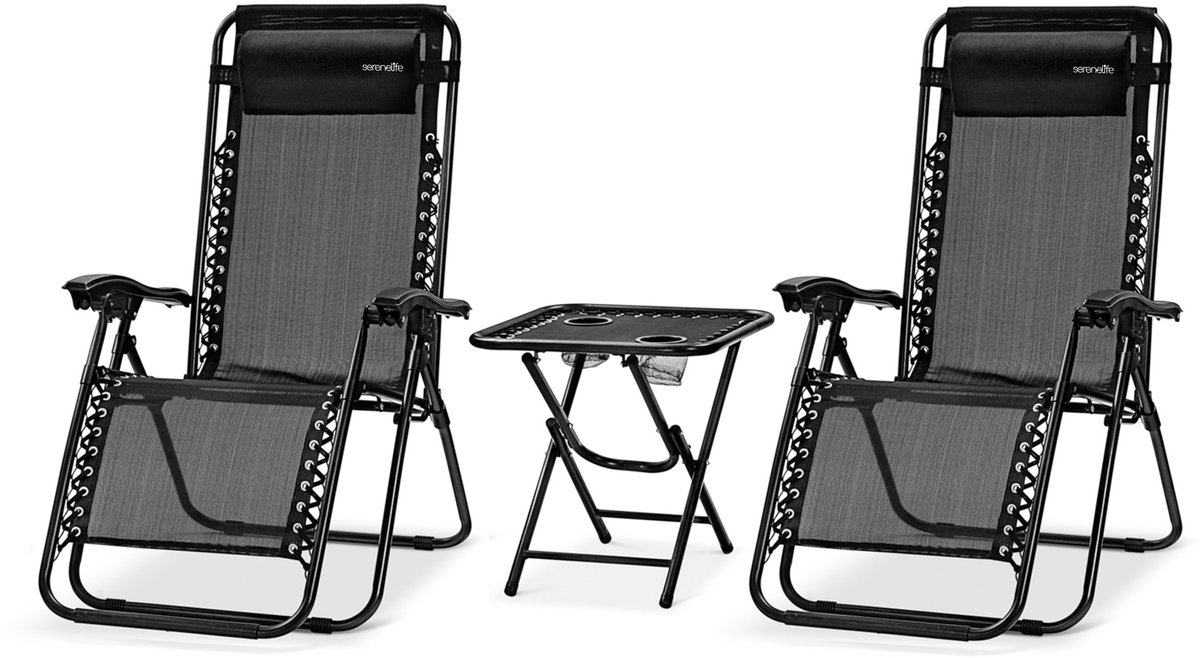 SereneLife Ligstoel set van 2 – Verstelbare Buitenkamerstoel met Afneembaar Bekerhouderblad en Zijtafel en 2 Bekerhouders – Inklapbare Relaxstoel met Verwijderbare Kussens