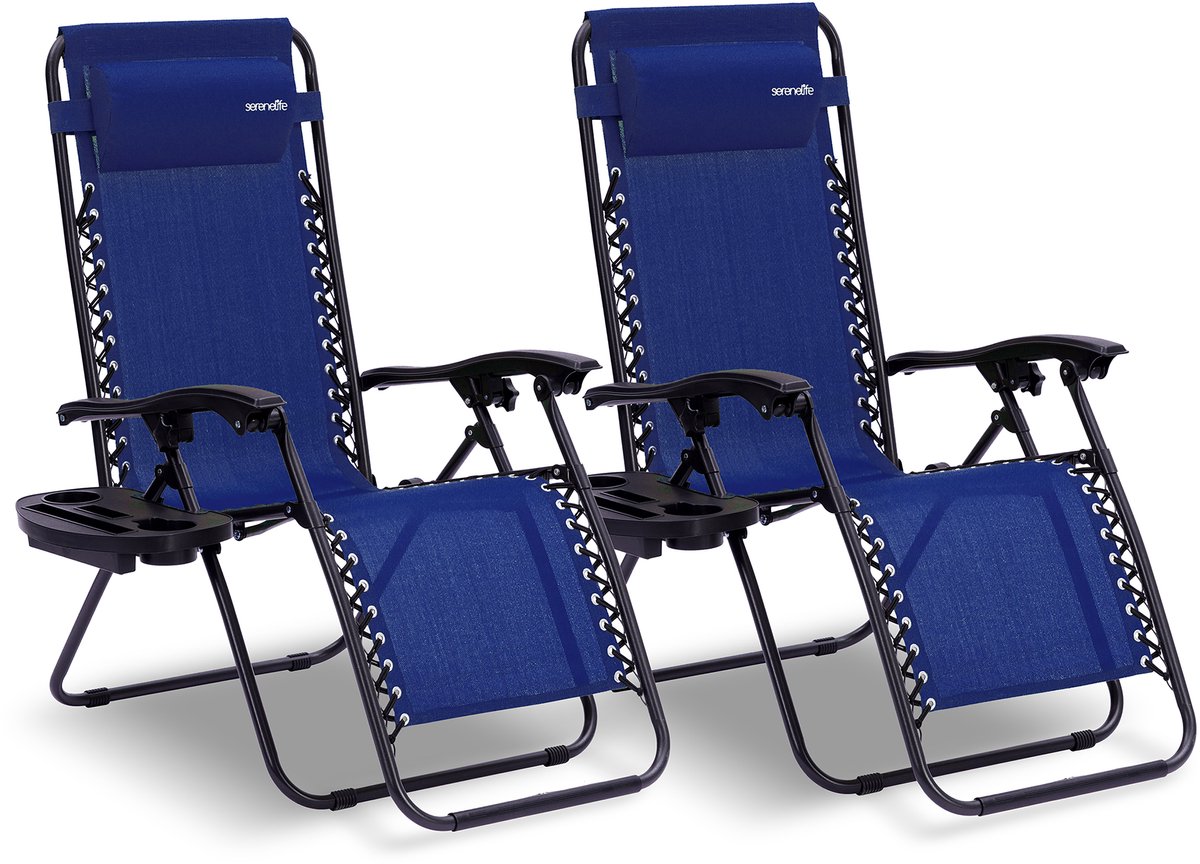 SereneLife Ligstoel set van 2 – Verstelbare Buitenkamerstoel met Afneembaar Bekerhouderblad – Inklapbare Relaxstoel met Verwijderbare Kussens