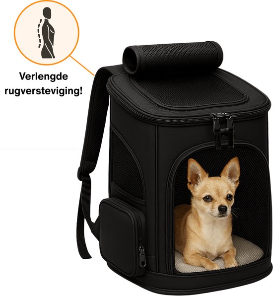 Voltix Premium Hondenrugzak - Reistas Kat - 40 x 33 x 26 cm - Zwart - Tot 7kg