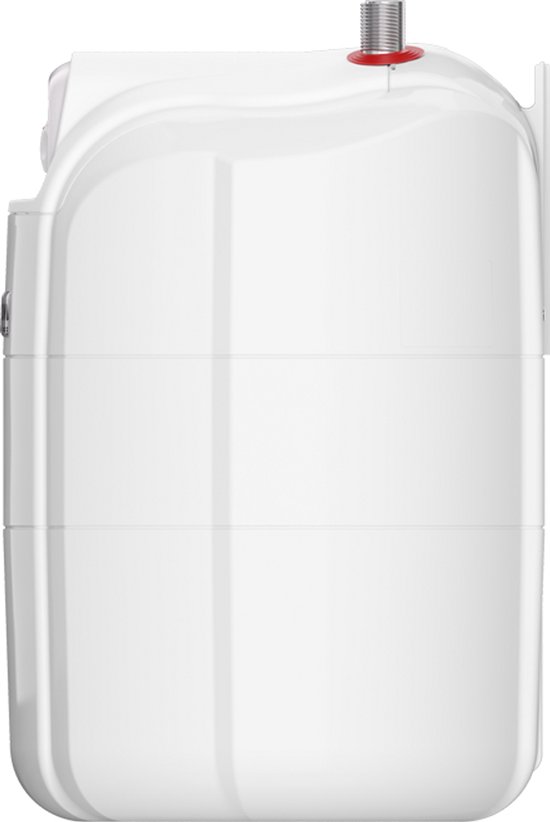 Zijaanzicht van een witte Eldom boiler met een ronde vorm en een aansluiting aan de bovenzijde.
