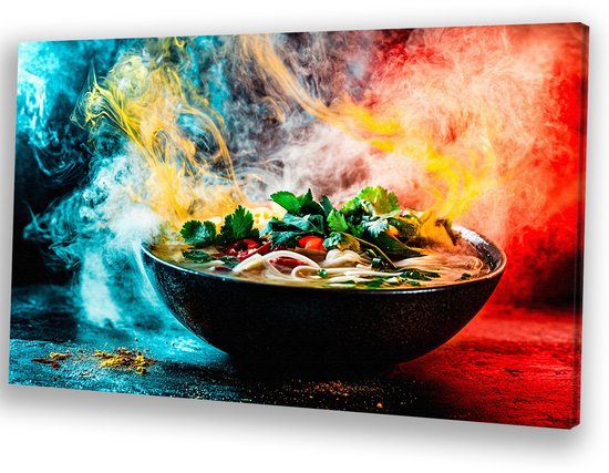 Dampende kom met verse kruiden - Voedsel schilderijen canvas - Schilderij op canvas soep - Surrealisme - Klassieke schilderijen - Decoratie slaapkamer - canvas 120x80 cm