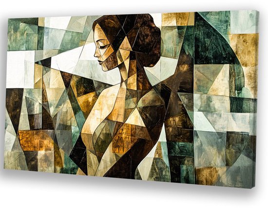 Abstract portret van een vrouw in aardetinten, geometrisch, zwevend weergegeven.