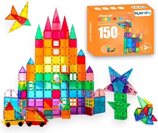 PLAY IT Magnetic Tiles 150 stuks XXXL - Magnetisch Speelgoed - Montesori Speelgoed