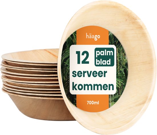 HAAGO 12 grands Échelles en feuilles de palmier (700 ml, ronds) Bols biodégradables – Vaisselle de pique-nique et d'extérieur respectueuse de l'environnement – ​​Passe au micro-ondes