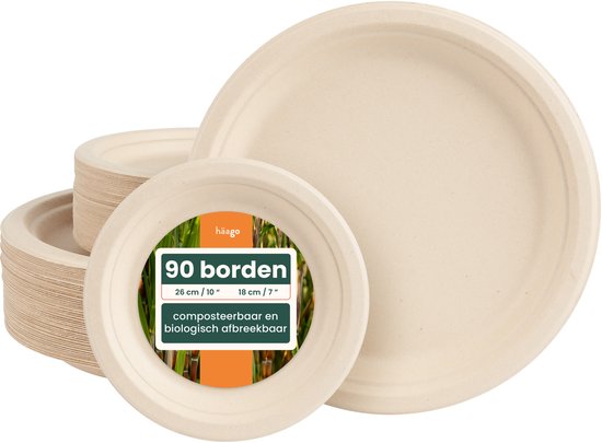 Set Lot de 100 Assiettes rondes biodégradables en canne à sucre, grandes (26 cm) et petites (18 cm) – Écologiques et compostables