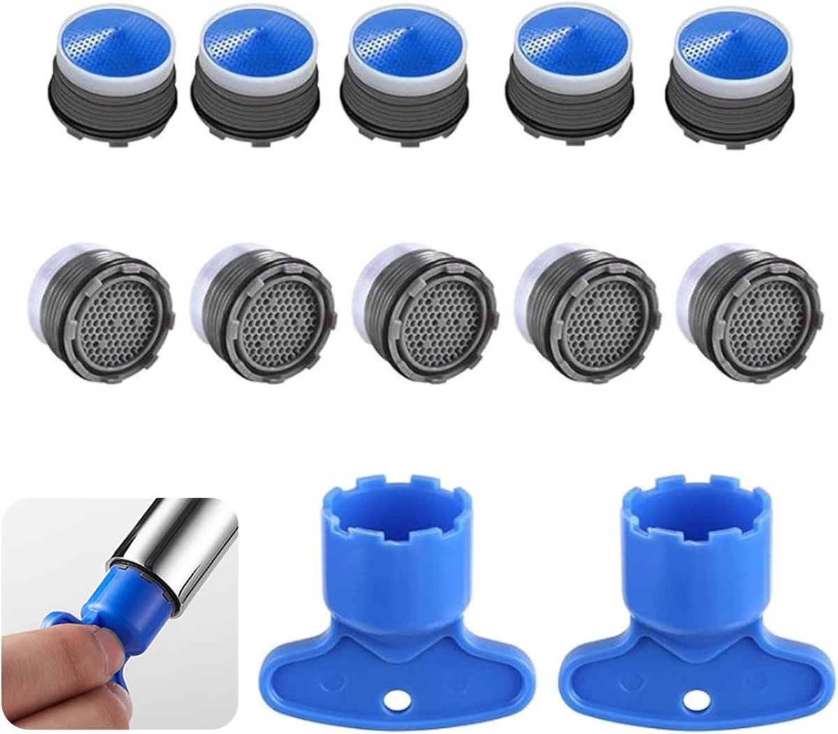 Set van 10 Kunststof Straalregelaars Waterkraan M18.5 - Filter voor Keukenkraan en Wastafelarmaturen met 2 Sleutels