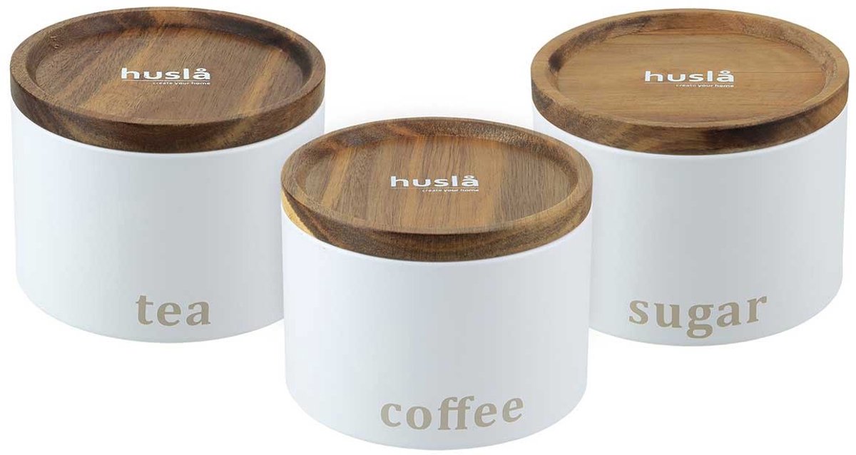 Husla - Keukencontainer Set - Wit - Staal en Acacia - Stapelbaar
