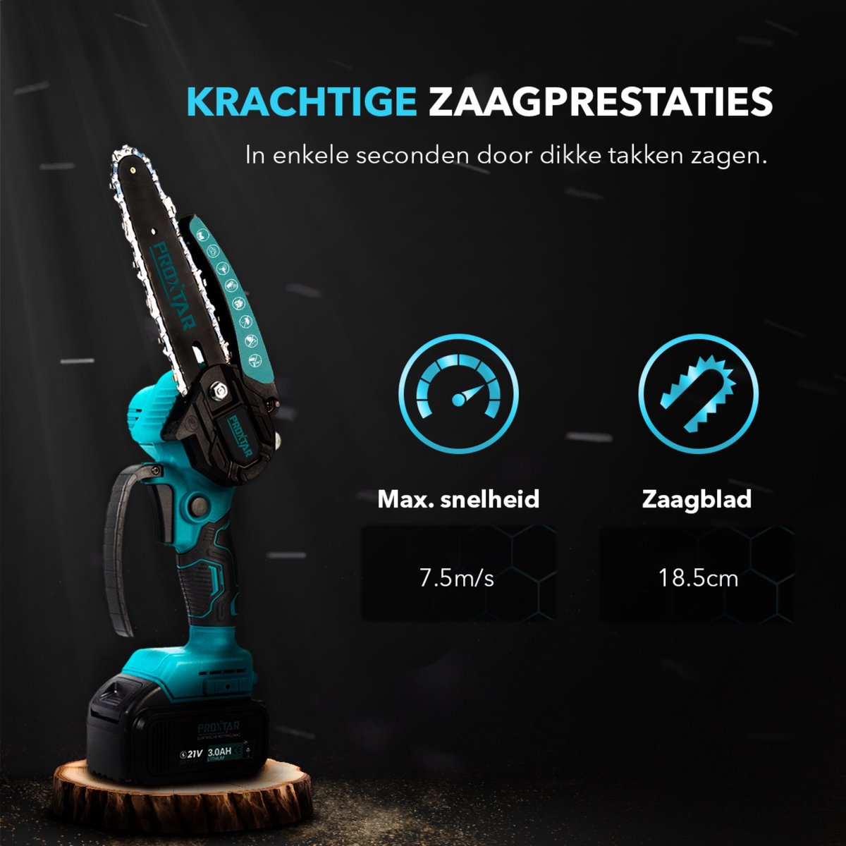 ProXtar Mini Kettingzaag - Kettingzaag - Snoeizaag - Takkenzaag - Handzaag - Inclusief Opbergkoffer, 2 Accu's & 3 Kettingen - Automatische Kettingsmering - Brushless – foto 3