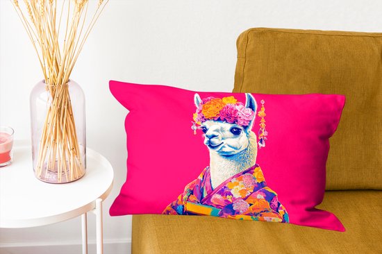 Sierkussens - Kussentjes Woonkamer - 50x30 cm - Lama - Kimono - Bloemenkrans - Felroze