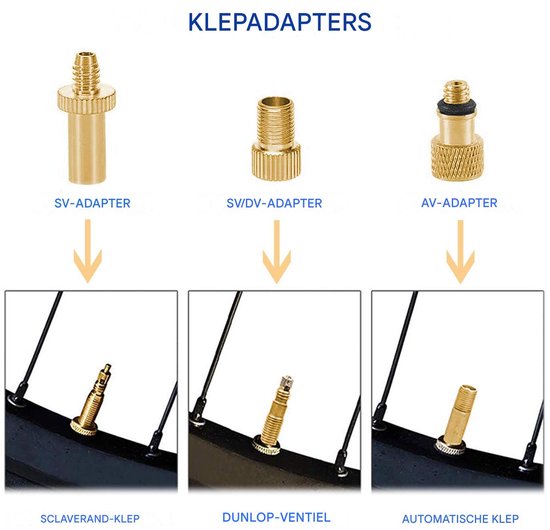 15-delige Ventiel Adapter - Presta- en Schrader-ventieladapters voor fietsen - DV AV SV-bandenventiel adapterset van messing - Naaldpomp voor balpomp - Accessoires voor fietsbanden compressor - Voor racefietsen en fietsen - Goud — afbeelding 4