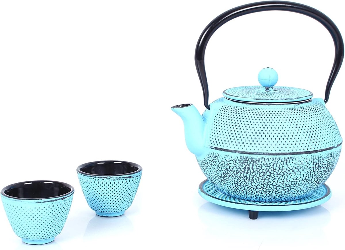 Famanu - Gietijzeren theeservies, theepot 1,1 liter met verwijderbare zeef, theemaker met onderzetter, vintage design theepotset voor het maken van losse thee, lichtblauw
