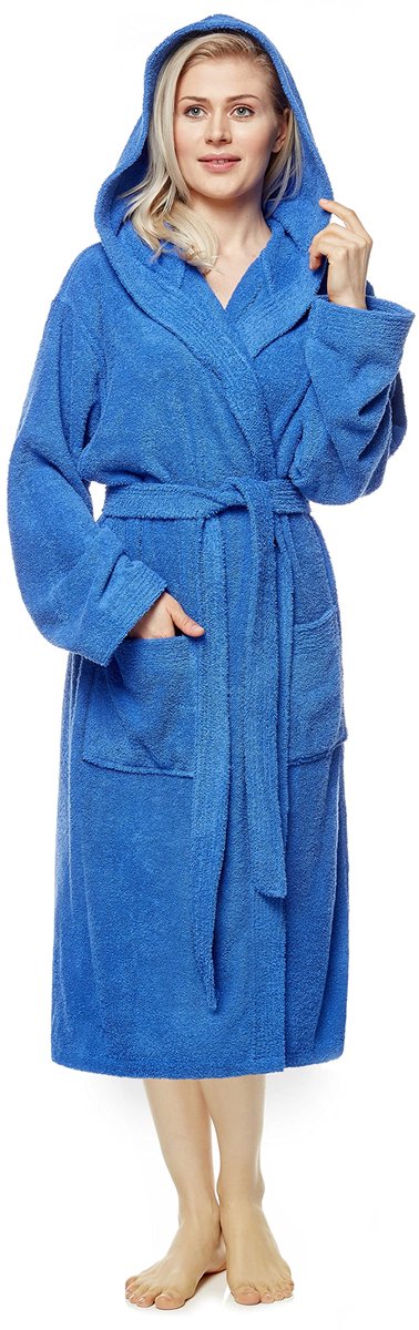 Ibenzoa Comfortabele en Luxe Damesbadjas met Capuchon voor Sauna en Wellness, 100% Katoen, Kuitlang of Enkel koningsblauw