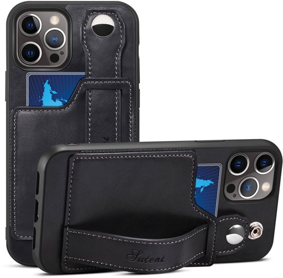 geschikt voor iPhone 12 Pro Max Pashouder Hoesje Retro Design - Vakje voor pasjes en slimme standaard - geschikt voor iPhone 12 Pro Max Portemonnee Hoesje - Vintage Backcover geschikt voor iPhone 12 Pro Max Wallet Case zwart