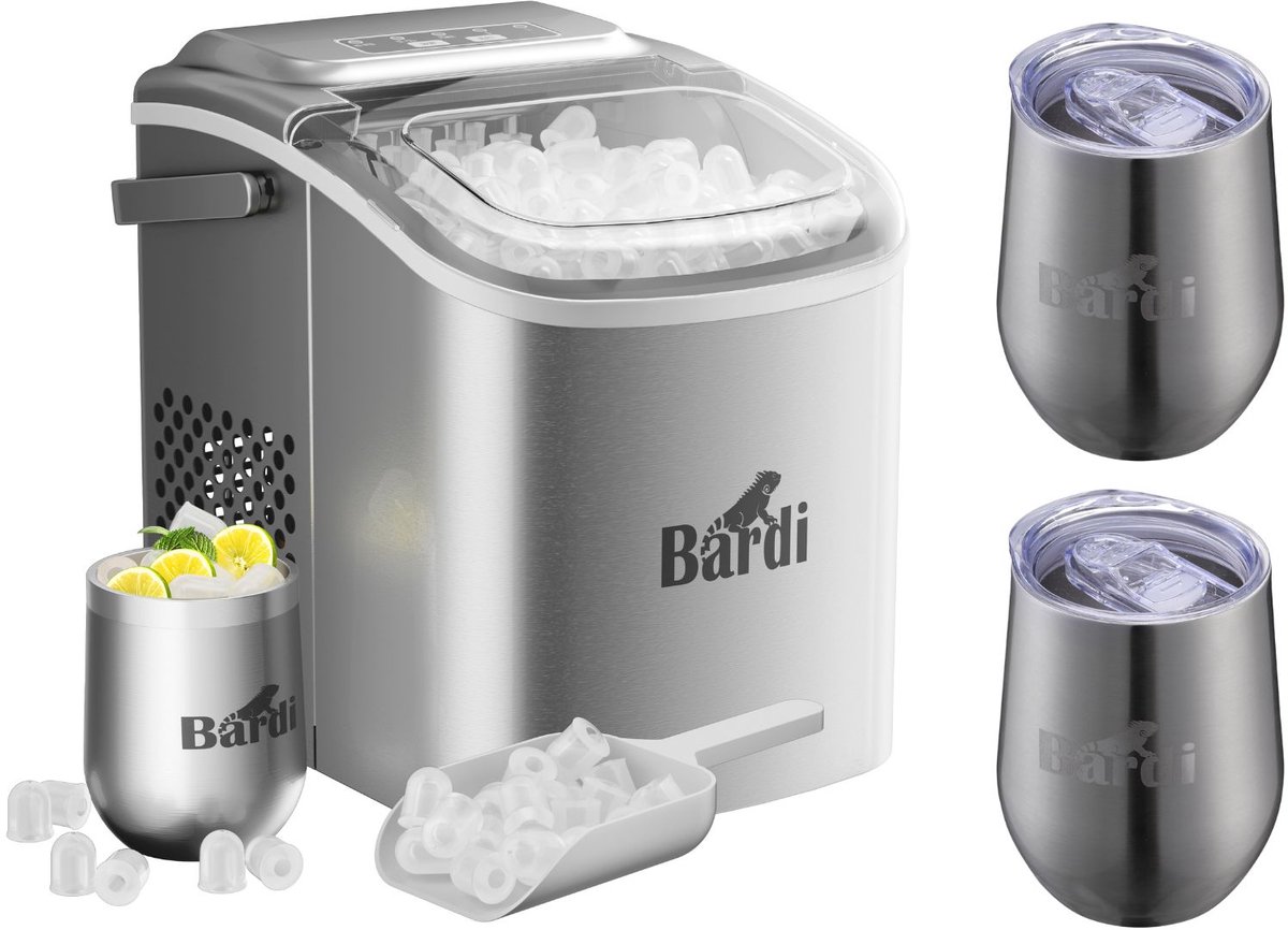 Luxe volledige set met 3 Bardi RVS dubbelwandige thermosbekers - koffiebekers - Bardi Deluxe IJsblokjesmachine 1.2L – IJsblokmaker Inclusief Luxe Thermosbeker en IJsschep – 9 Blokjes in 8 Minuten – RVS