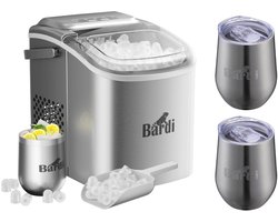 Luxe volledige set met 3 Bardi RVS dubbelwandige thermosbekers – koffiebekers – Bardi Deluxe IJsblokjesmachine 1.2L – IJsblokmaker Inclusief Luxe Thermosbeker en IJsschep – 9 Blokjes in 8 Minuten – RVS