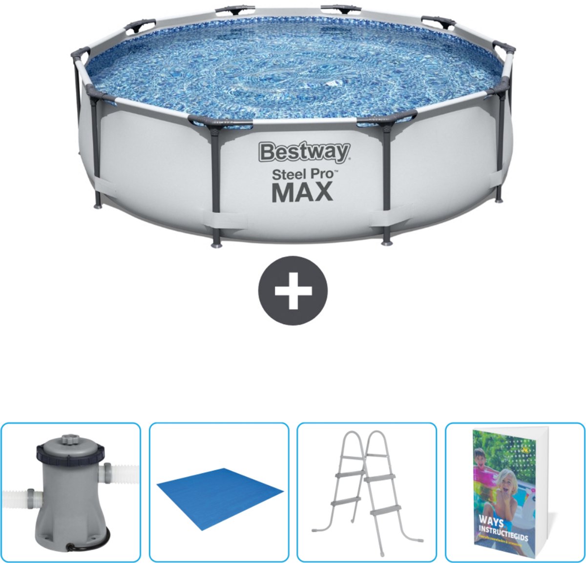 Bestway Rond Steel Pro MAX Zwembad – 305 x 76 cm – Grijs – Inclusief Pomp Grondzeil – Ladder – Zwembadgids