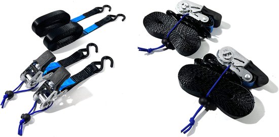 Set van 4 zwarte spanbanden met blauwe accenten en S-haken. De banden zijn 500 cm lang en 25 mm breed.