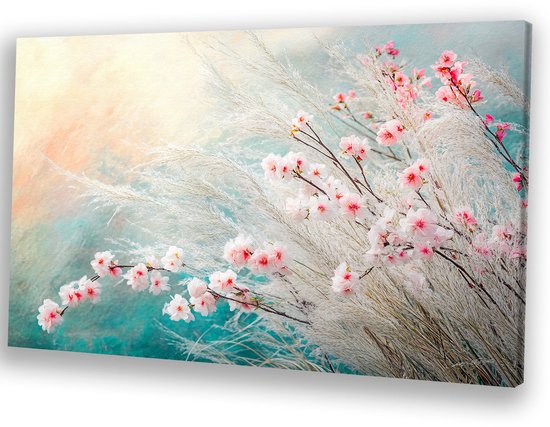 Canvas met roze bloesems en witte grassen, impressionistisch, turquoise achtergrond.