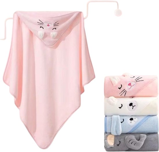 Baby & kids Casey - Roze Badcape Kat - Wikkeldeken - Kraam cadeau - Babyshower cadeau - Omslagdoek baby - Super zacht - Fleece deken. van Royal Textile — afbeelding 2