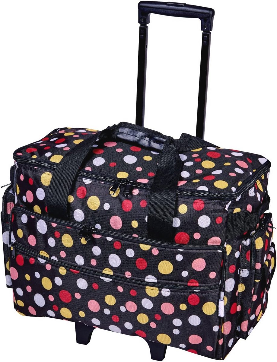 Grote Naaimachine Trolley Tas op Wielen in Duurzaam Zwart met Meerkleurige Vlekken, 51 x 38 x 28cm