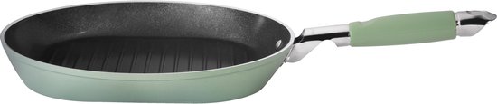 Lichtgroene grillpan met zwarte geribbelde binnenkant en lichtgroen handvat.