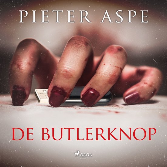 Une main ensanglantée aux ongles vernis en rouge serre une clé USB. Les textes 'PIETER ASPE' et 'DE BUTLERKNOP' sont sur la couverture.